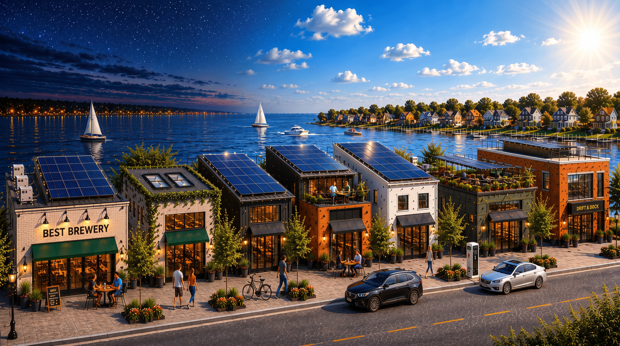 Small businesses with rooftop solar panels along a waterfront street