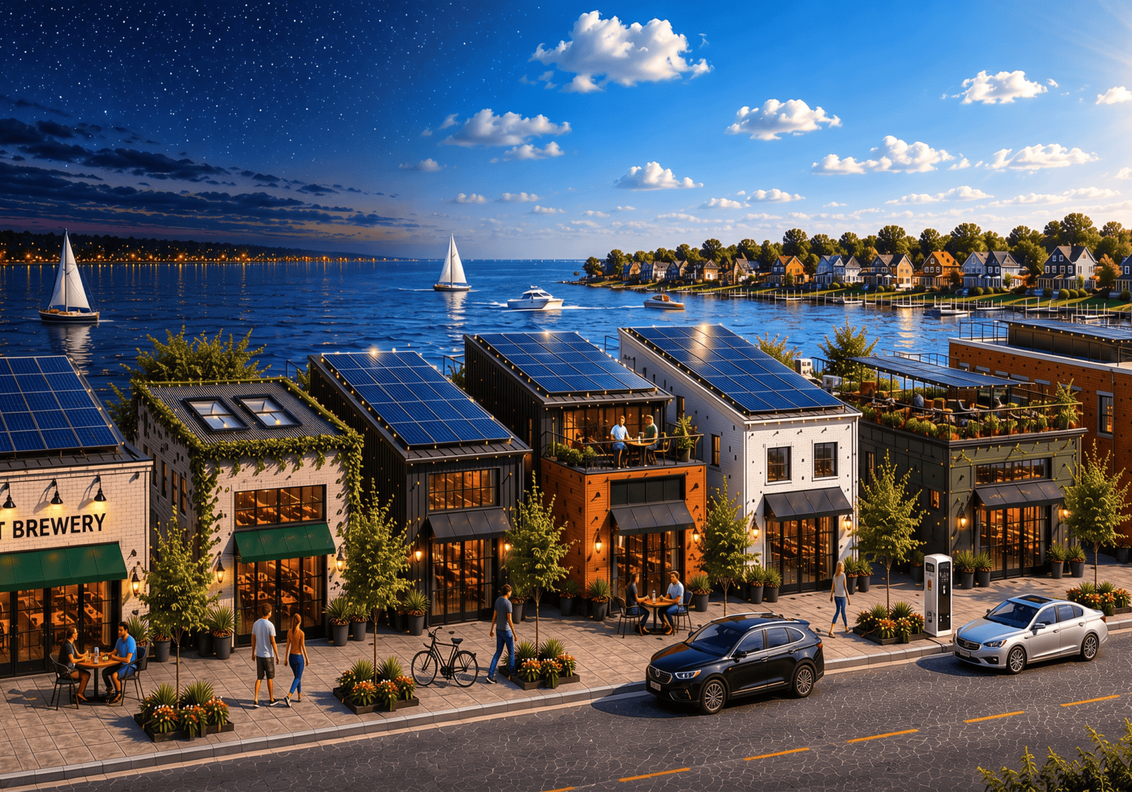 Small businesses with rooftop solar panels along a waterfront street