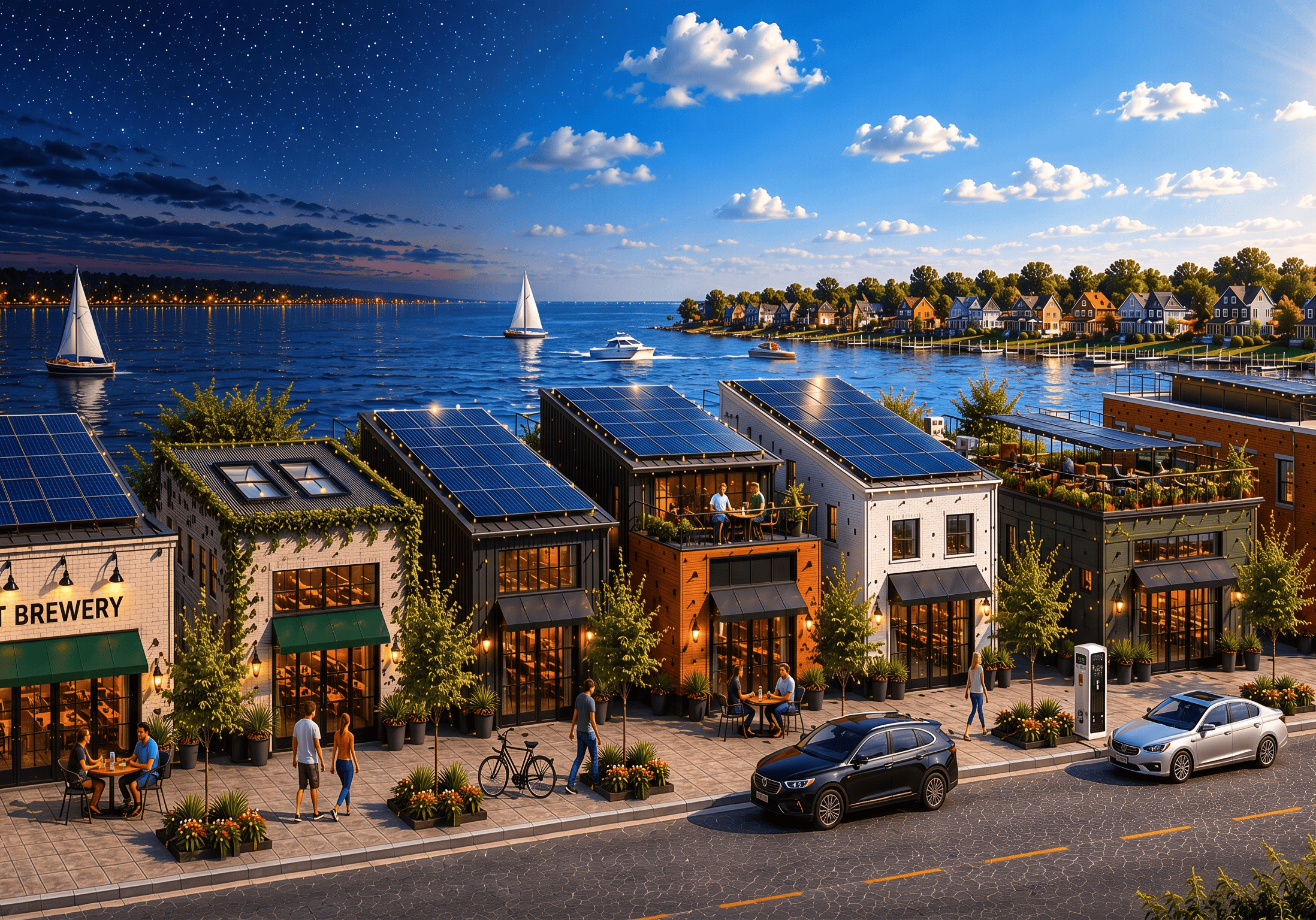 Waterfront street of small businesses with rooftop solar panels, customers and pedestrians of many backgrounds