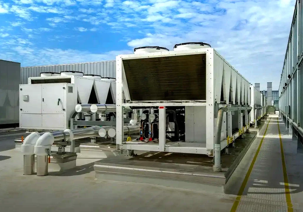 Industrial refrigeration and pumping equipment on a rooftop